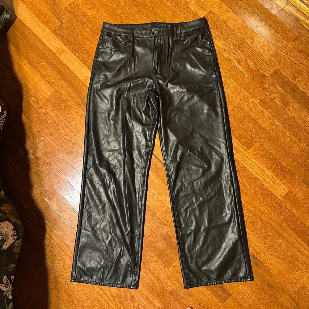 American Eagle Black Faux Leather Pants 14 Long High Waisted Straight Leg Stretc